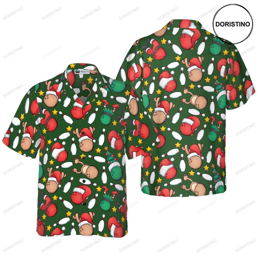 Hyperfavor Christmas Christmas Bowling Pattern Short Sleeve Christmas Id Hawaiian Shirt