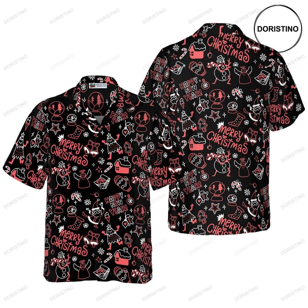 Hyperfavor Christmas Christmas Line Pattern Short Sleeve Christmas Idea Hawaiian Shirt