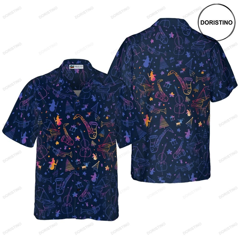 Hyperfavor Christmas Christmas Musical Instruments Pattern Short Sleeve Christ Hawaiian Shirt