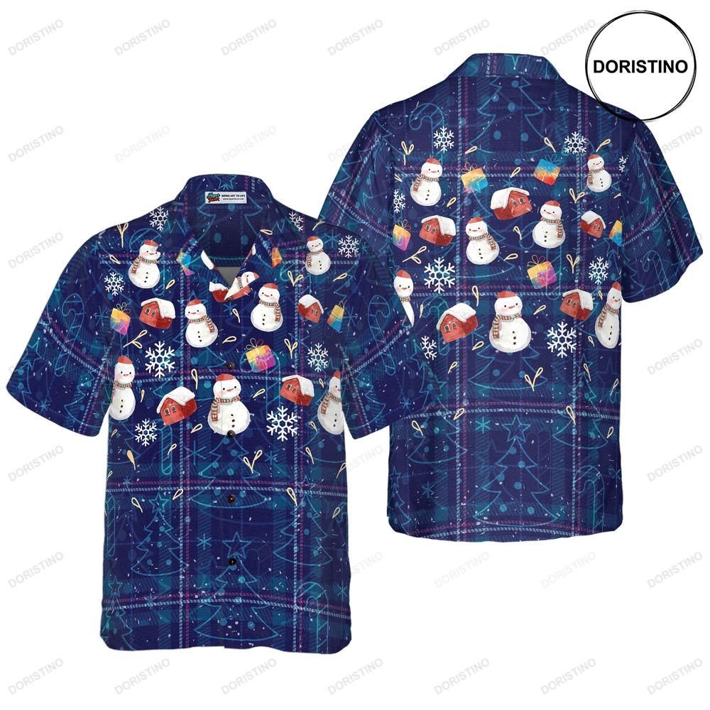 Hyperfavor Christmas Christmas Snowman Dark Blue Plaid Pattern Short Sleeve Ch Awesome Hawaiian Shirt
