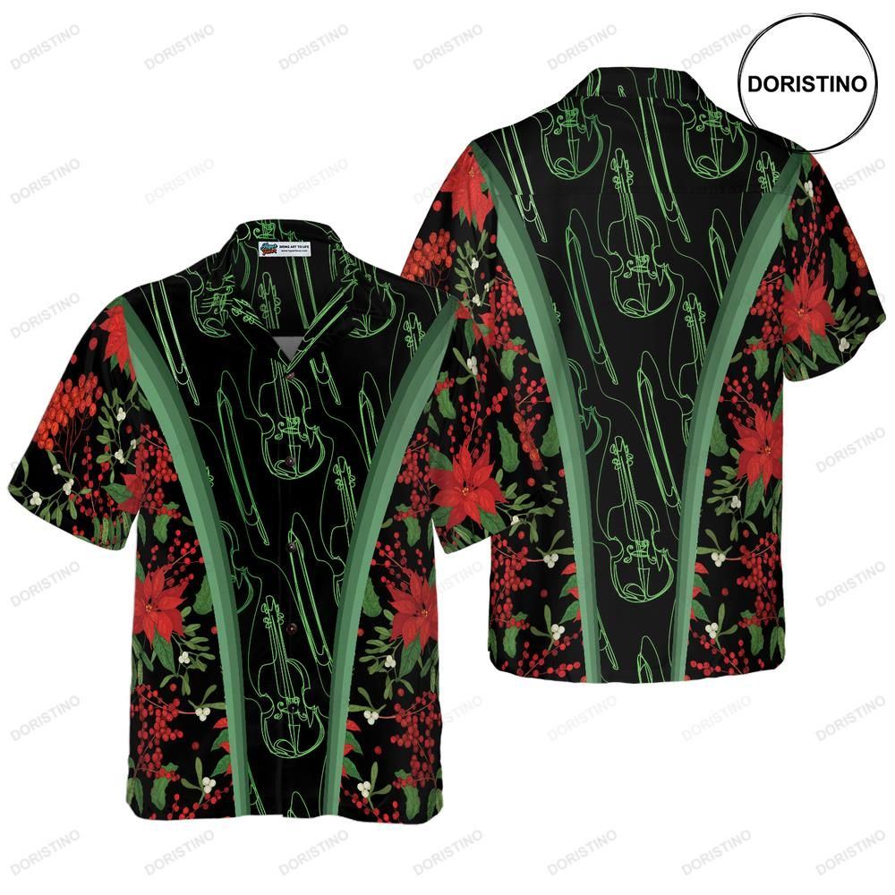 Hyperfavor Christmas Chritmas Violin Music Pattern Short Sleeve Christmas Shir Awesome Hawaiian Shirt