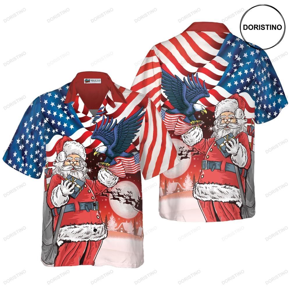 Hyperfavor Christmas Eagle Perched On Santa's Hand With American Flag Background Shi Hawaiian Shirt