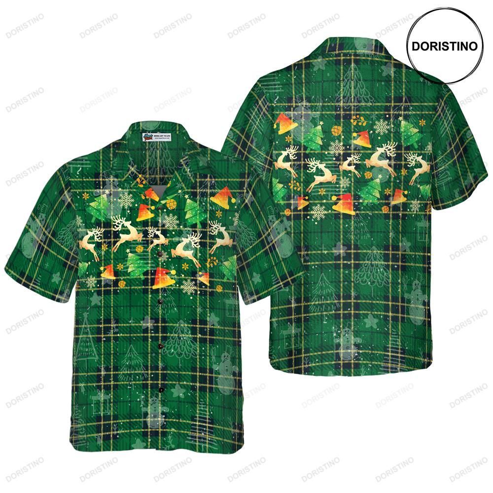 Hyperfavor Christmas For Men And Women Christmas Reindeer Green Plaid Pattern Hawaii Awesome Hawaiian Shirt