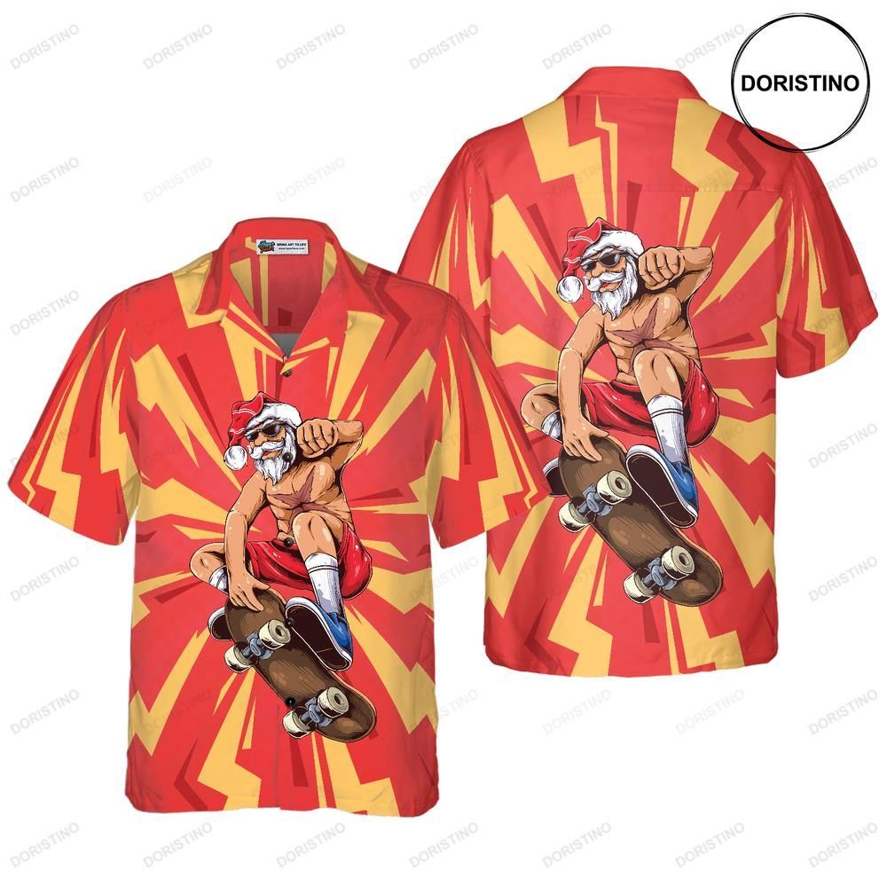 Hyperfavor Christmas For Men And Women Santa Sakteboarder Button Down Hawaiian Shirt