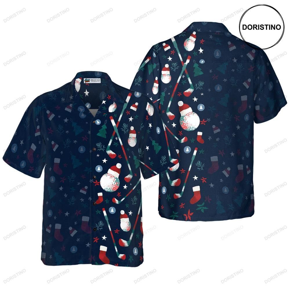 Hyperfavor Christmas Golf Pattern Christmas Short Sleeve Button Down For Awesome Hawaiian Shirt