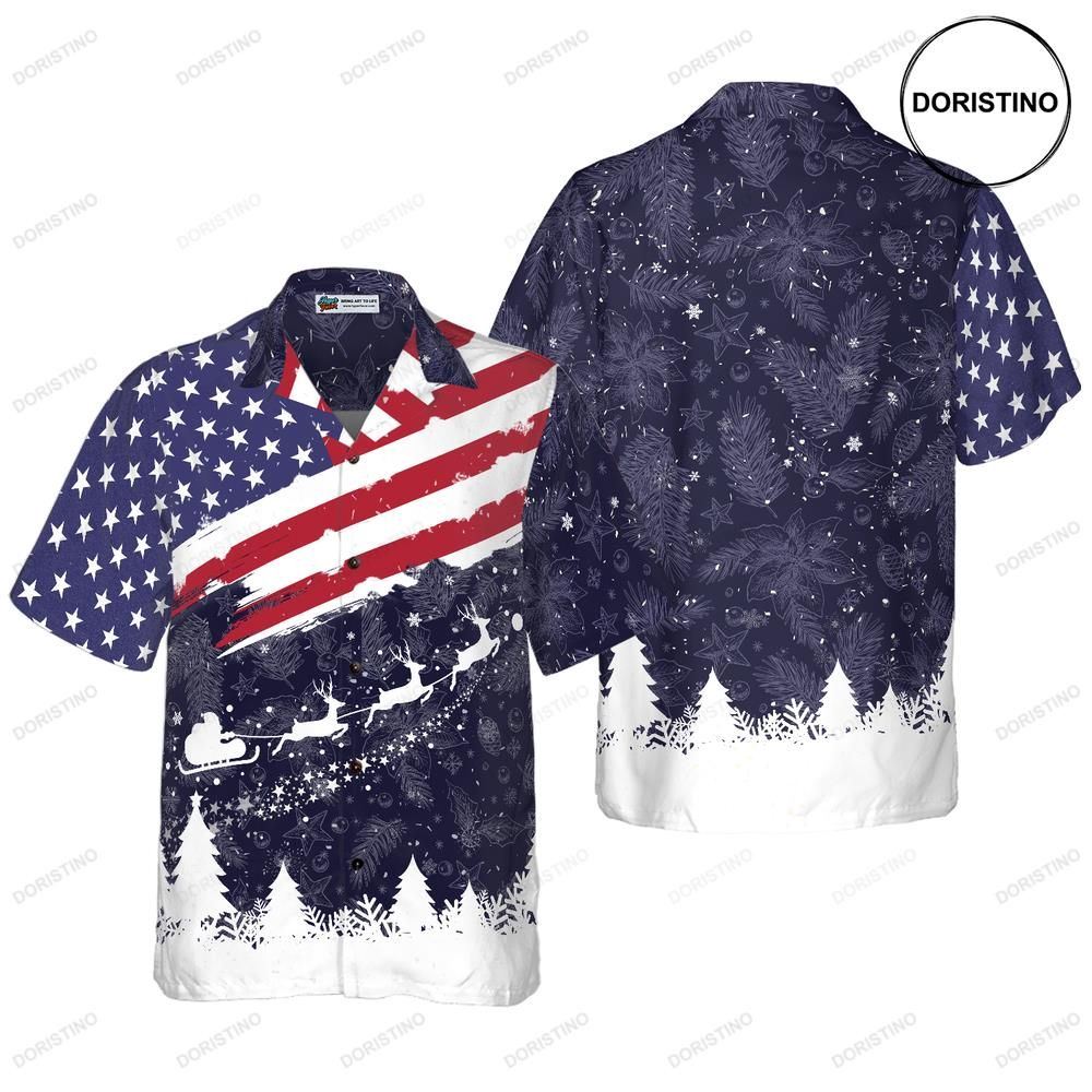 Hyperfavor Christmas Merry Christmas Usa Flag Pattern Short Sleeve Christmas S Limited Edition Hawaiian Shirt