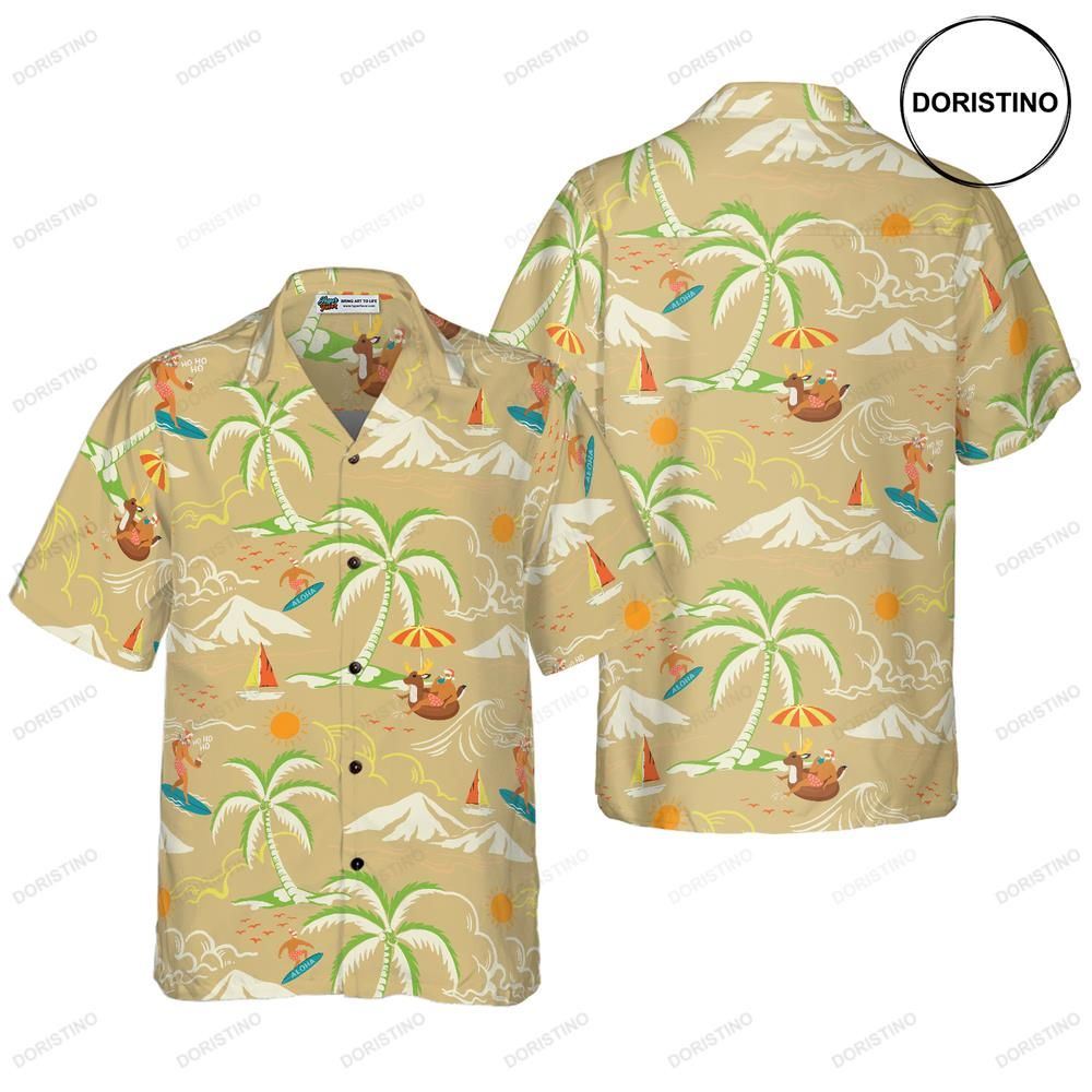 Hyperfavor Christmas Santa Beach Summer Pattern 4 Short Sleeve Christmas Hawaiian Shirt