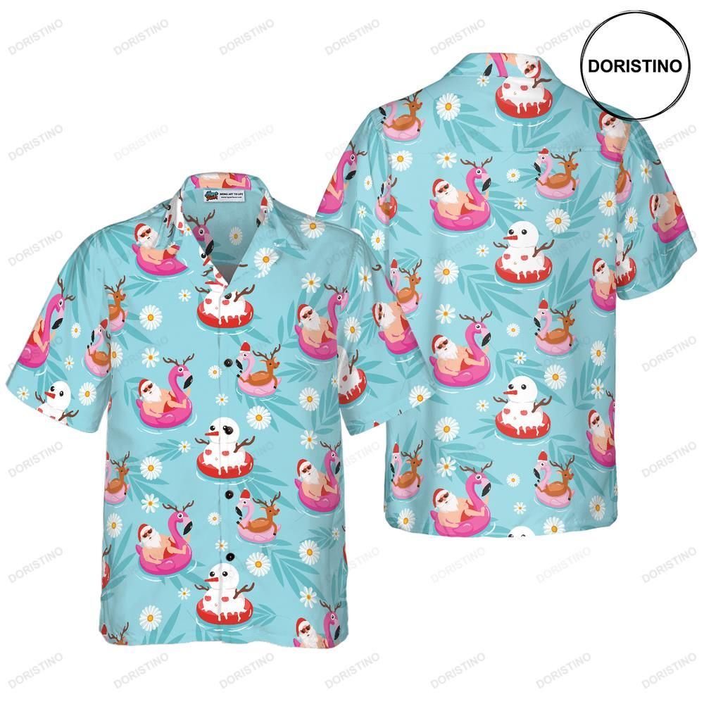 Hyperfavor Christmas Santa Beach Summer Pattern Short Sleeve Christmas I Hawaiian Shirt