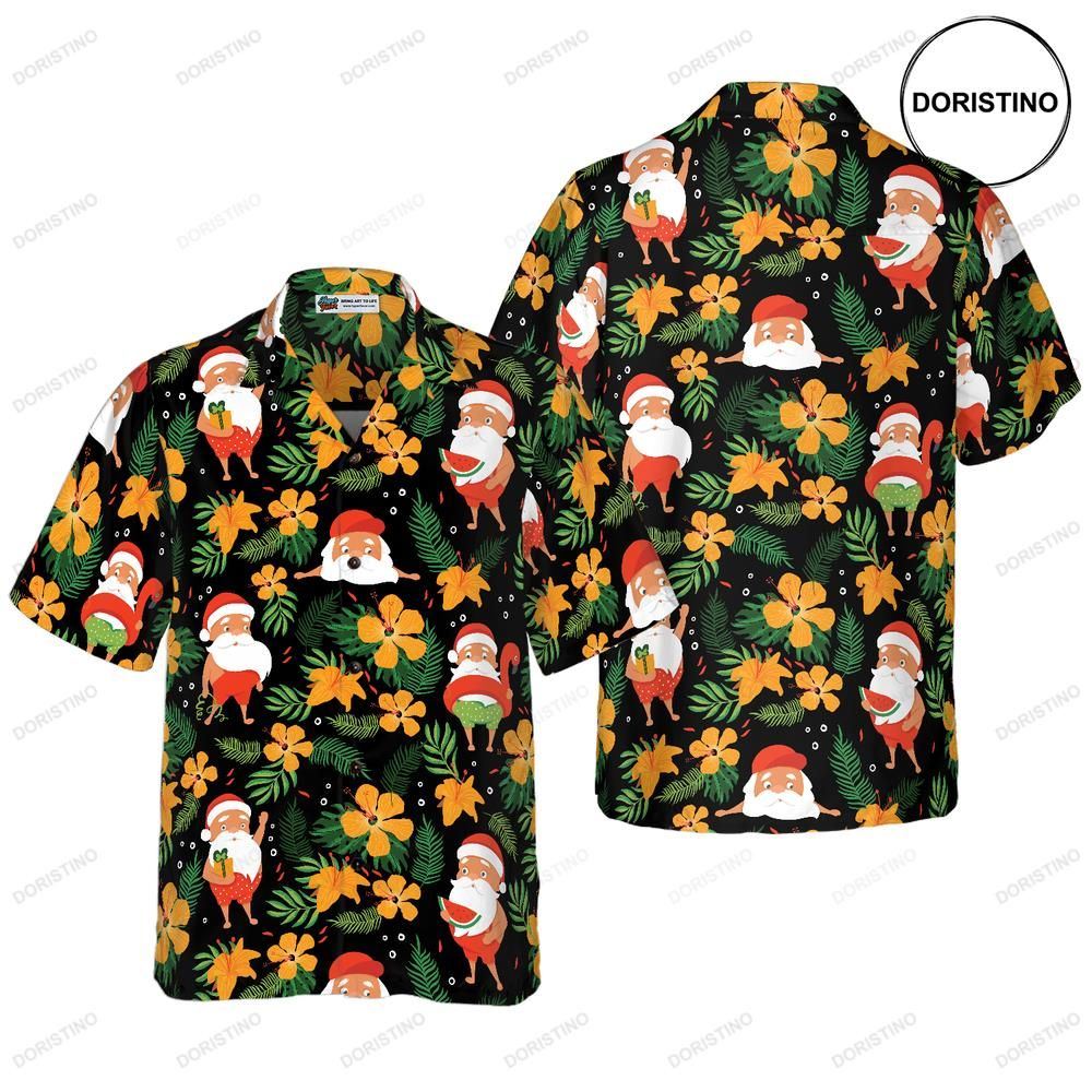 Hyperfavor Christmas Santa Swimming Tropical Pattern Short Sleeve Christmas Sh Hawaiian Shirt