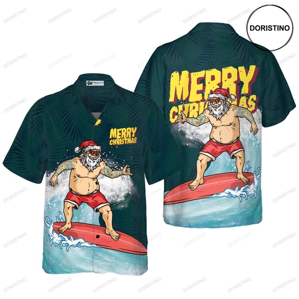Hyperfavor Christmas Surfing Santa Claus Merry Christmas Short Sleeve Christma Hawaiian Shirt
