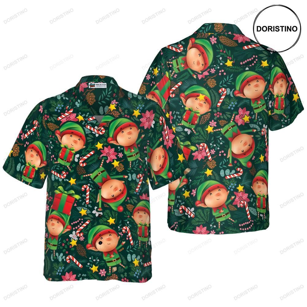 Hyperfavor Christmas The Christmas Elf With Dark Green Pattern Short Sleeve Ch Awesome Hawaiian Shirt