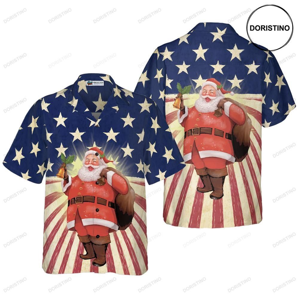 Hyperfavor Santa Christmas Santa America Christmas Short Sleeve Button Down Sh Hawaiian Shirt