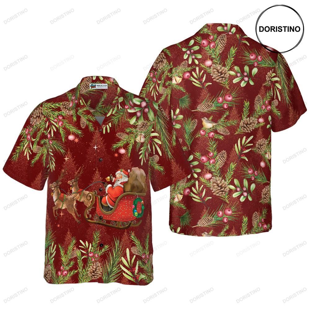Hyperfavor Santa Santa Riding Sleigh 2 Pattern Christmas Short Sleeve Button D Awesome Hawaiian Shirt