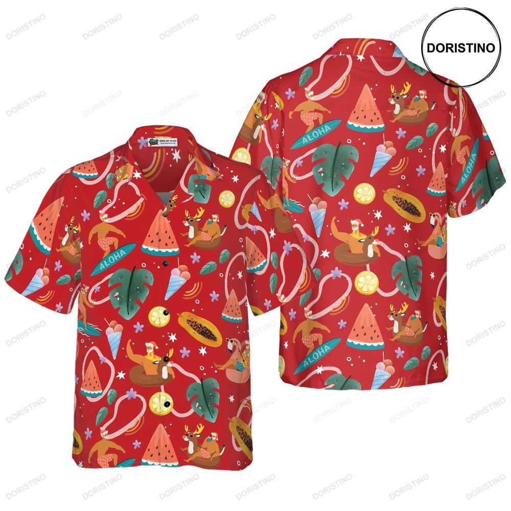 Hyperfavor Santa Surfing 3 Pattern Christmas Short Sleeve Button Down Fo Awesome Hawaiian Shirt