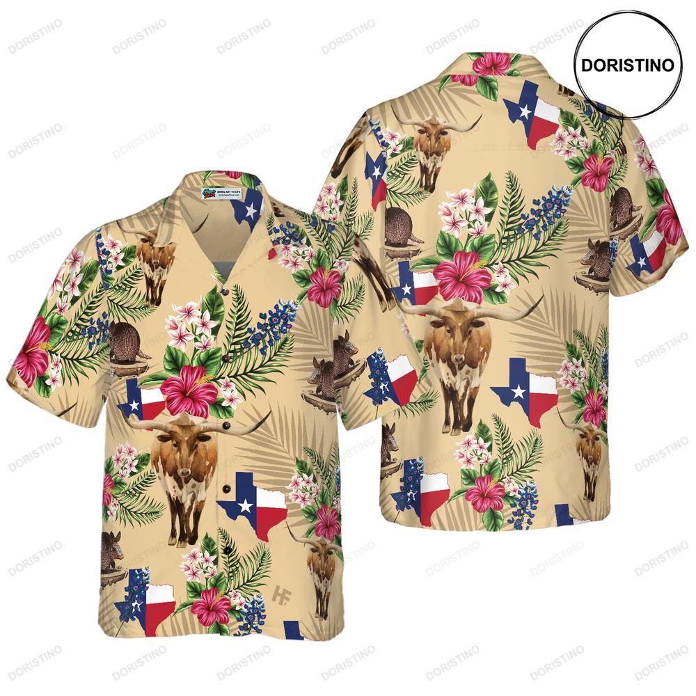 Insignia Bluebonnet Texas Cream Version Don't Mess With Texas Armadillo And Longhorn Limited Edition Hawaiian Shirt