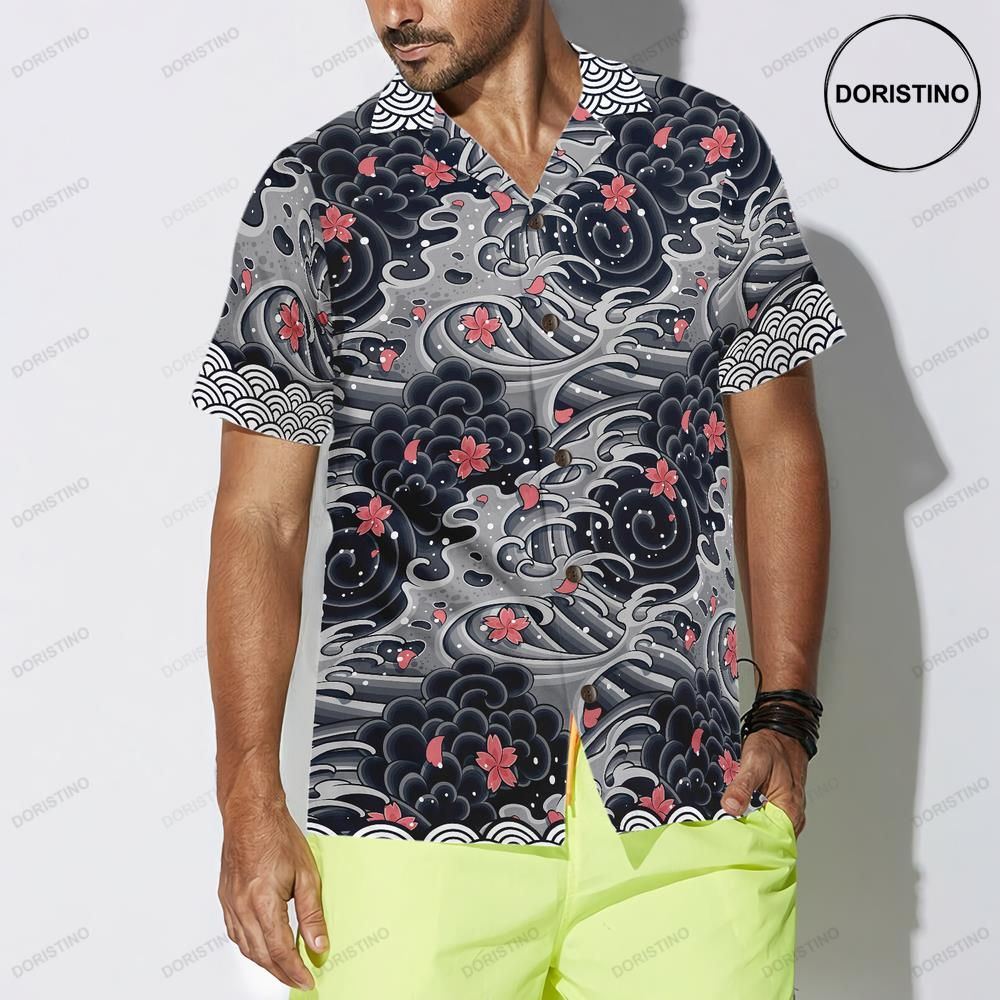 Japanese Red Flower Waves Black And White Cherry Blossom Abstract Floral Shi Limited Edition Hawaiian Shirt
