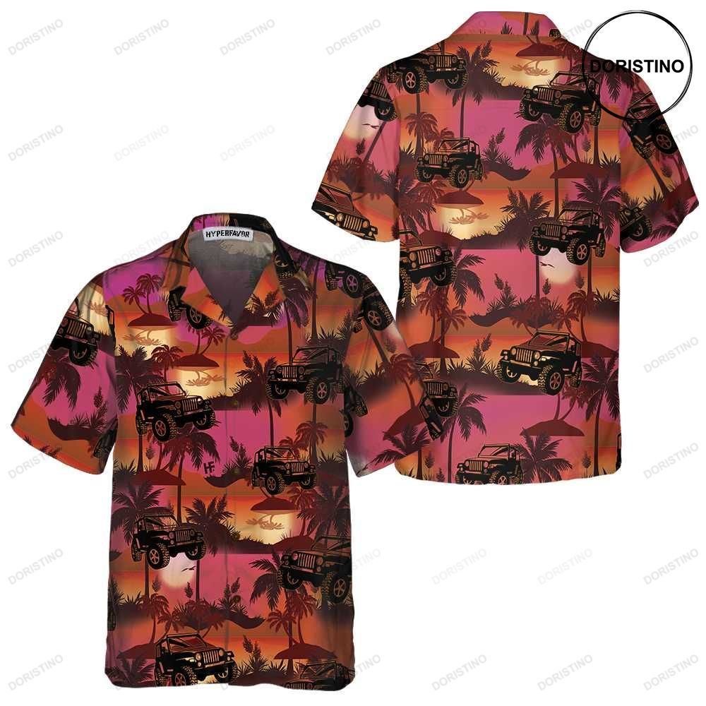 Jeep Tropical Sunset Pattern Retro Vibe Jeep Beach For Men Awesome Hawaiian Shirt