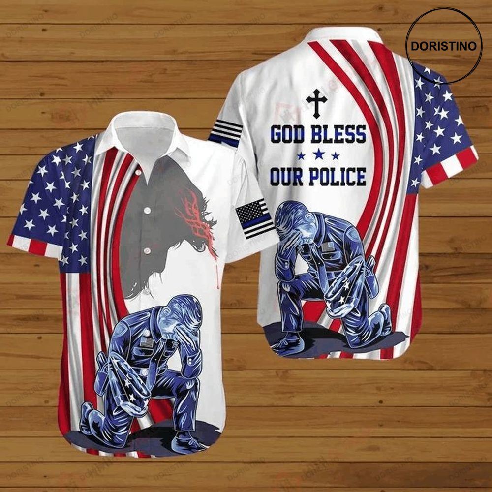Jesus Bible American Flag 4th Of July Independence Day God Bless Our Police Awesome Hawaiian Shirt
