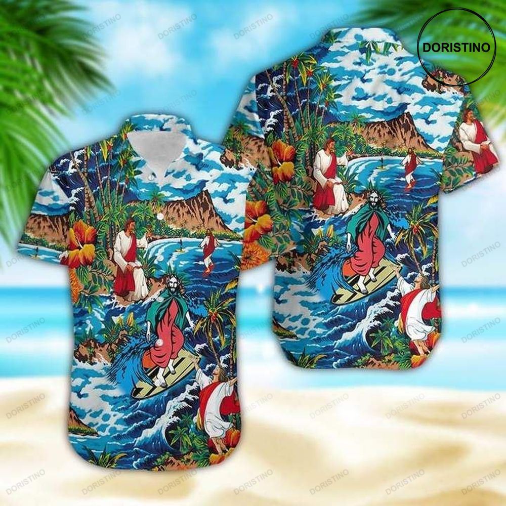 Jesus Surfing On Island Awesome Hawaiian Shirt