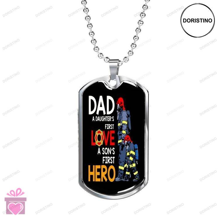 Dad Dog Tag Custom Picture Fathers Day Dog Tag Firefighter Dad A Daughters First Love A Sons First H Doristino Awesome Necklace
