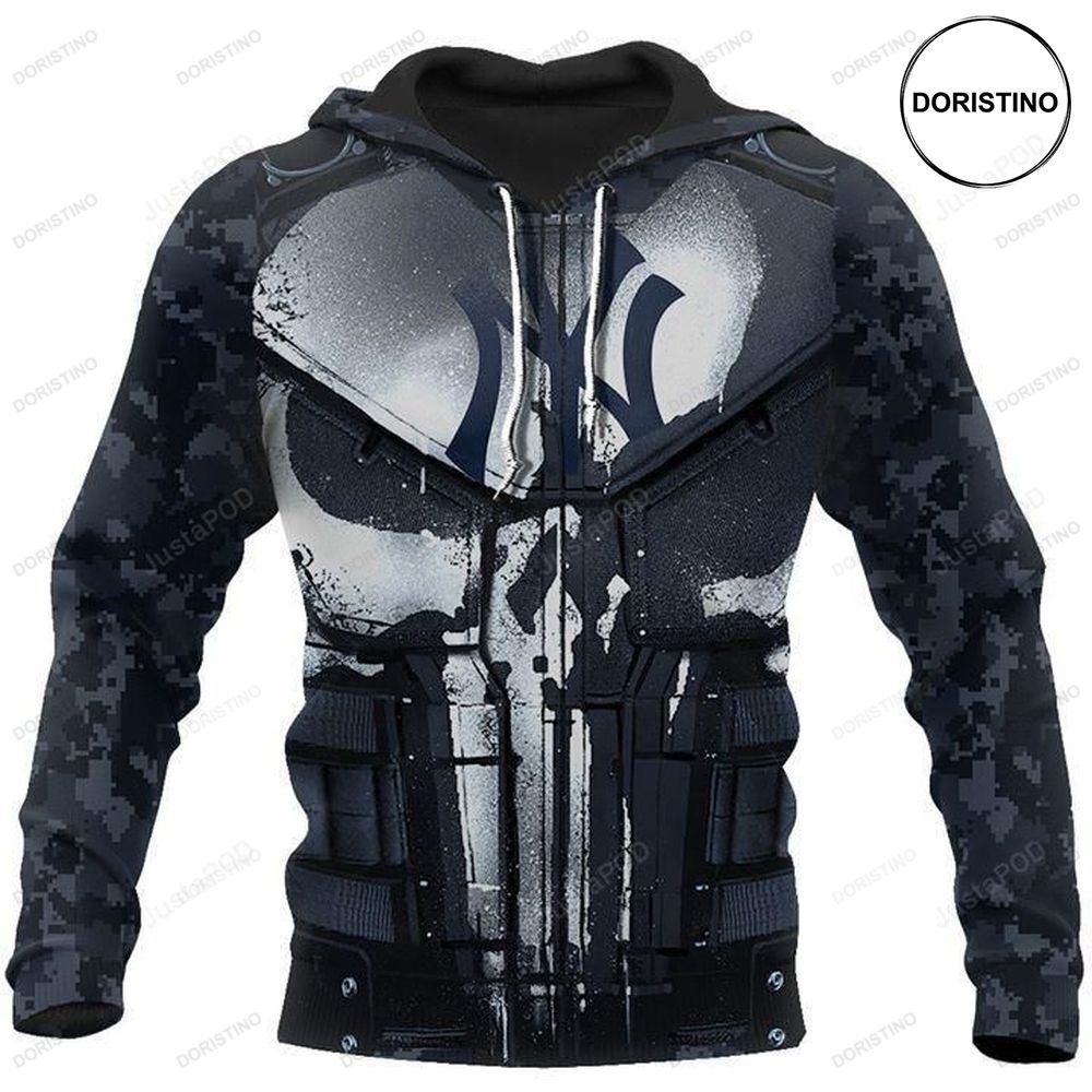 New York Yankees The Punisher Skull Armour Blue Camouflage Cotton Awesome 3D Hoodie