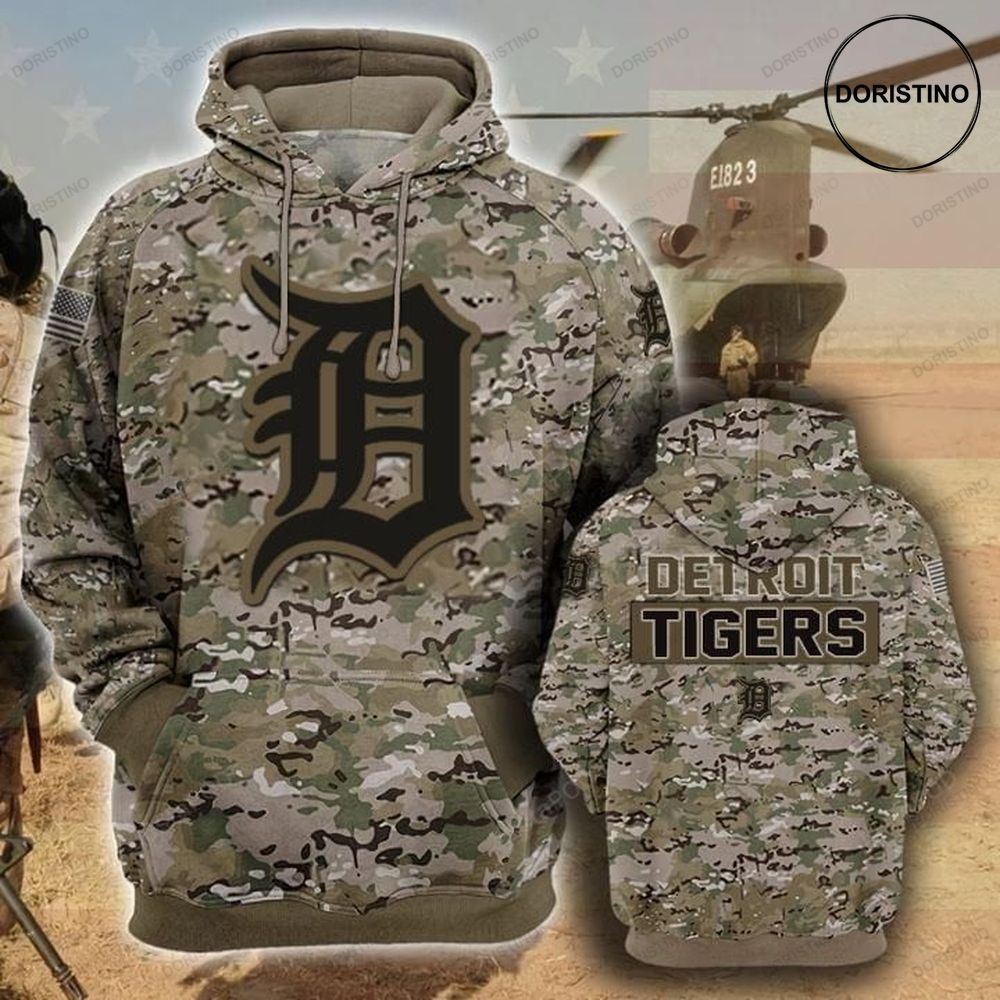 Detroit Tigers Camouflage Veteran Cotton All Over Print Hoodie