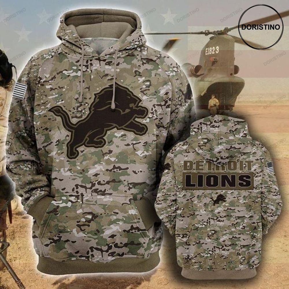 Detroits Lions Camouflage Veteran Cotton All Over Print Hoodie