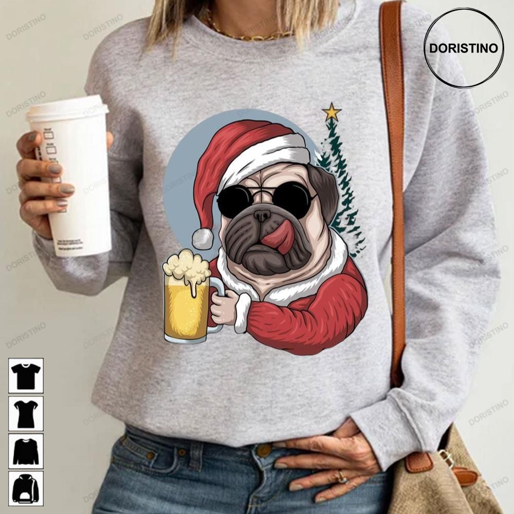 Puppy Wear Santa Hat And Drink Beer Dog Lover Trending Style