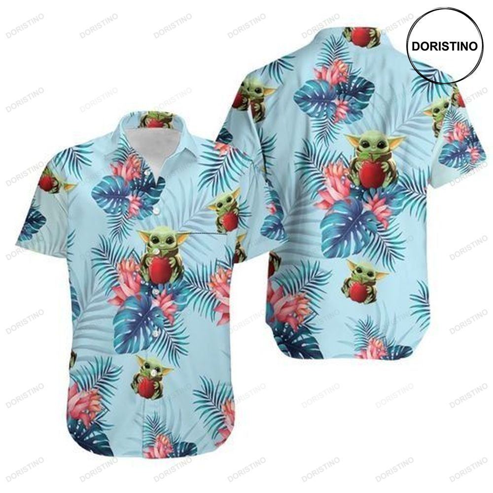 Baby Yoda Hugging Apples Seamless Tropical Colorful Flowers Blue Leaves On Blue Limited Edition Hawaiian Shirt
