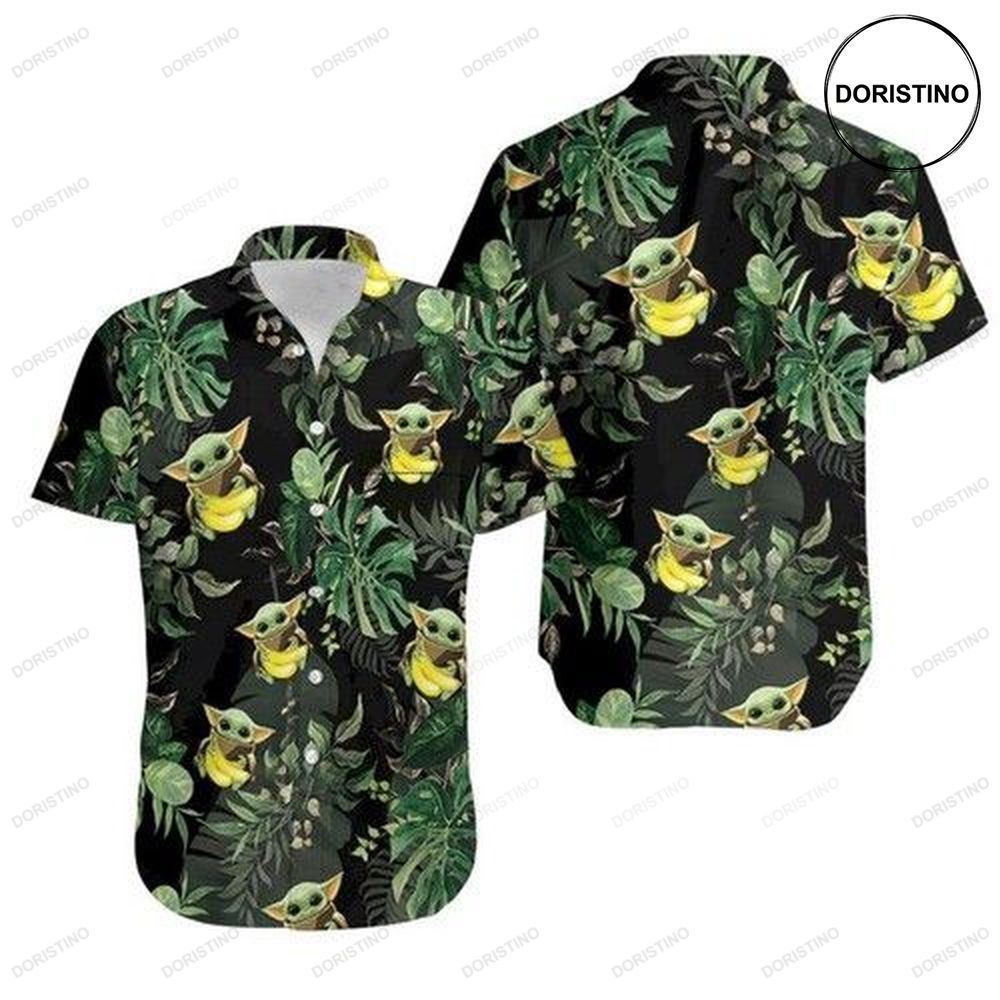 Baby Yoda Hugging Bananas Tropical Leaves Hawaiian Shirt