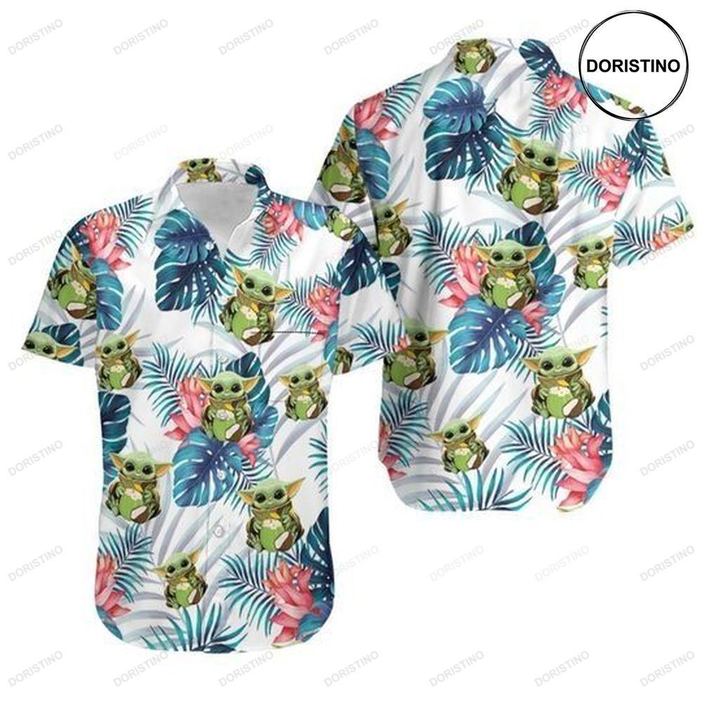 Baby Yoda Hugging Coconuts Seamless Tropical Blue Leaves Colorful Flowers On White Limited Edition Hawaiian Shirt