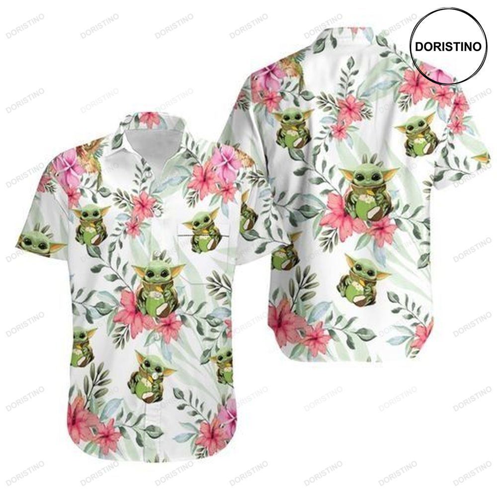 Baby Yoda Hugging Coconuts Seamless Tropical Colorful Flowers On White Limited Edition Hawaiian Shirt
