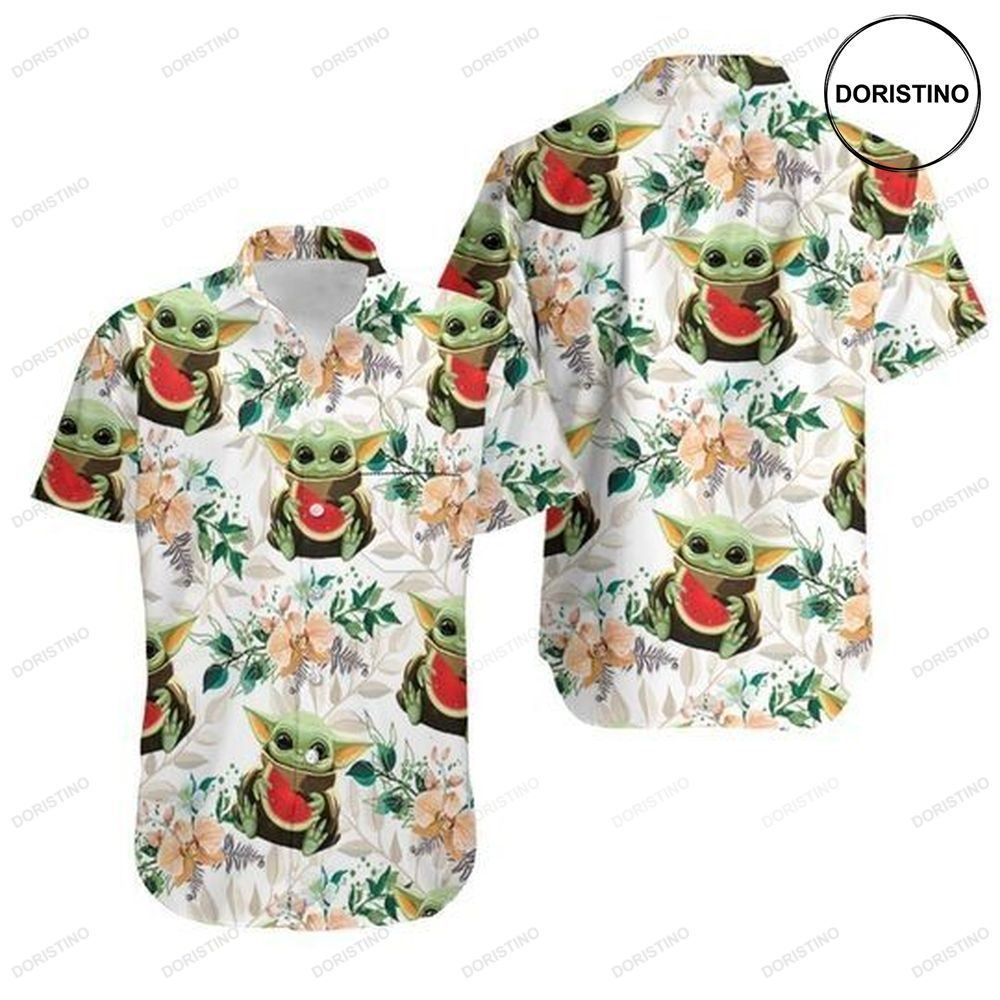 Baby Yoda Hugging Watermelons Seamless Tropical Colorful Flowers On White Hawaiian Shirt