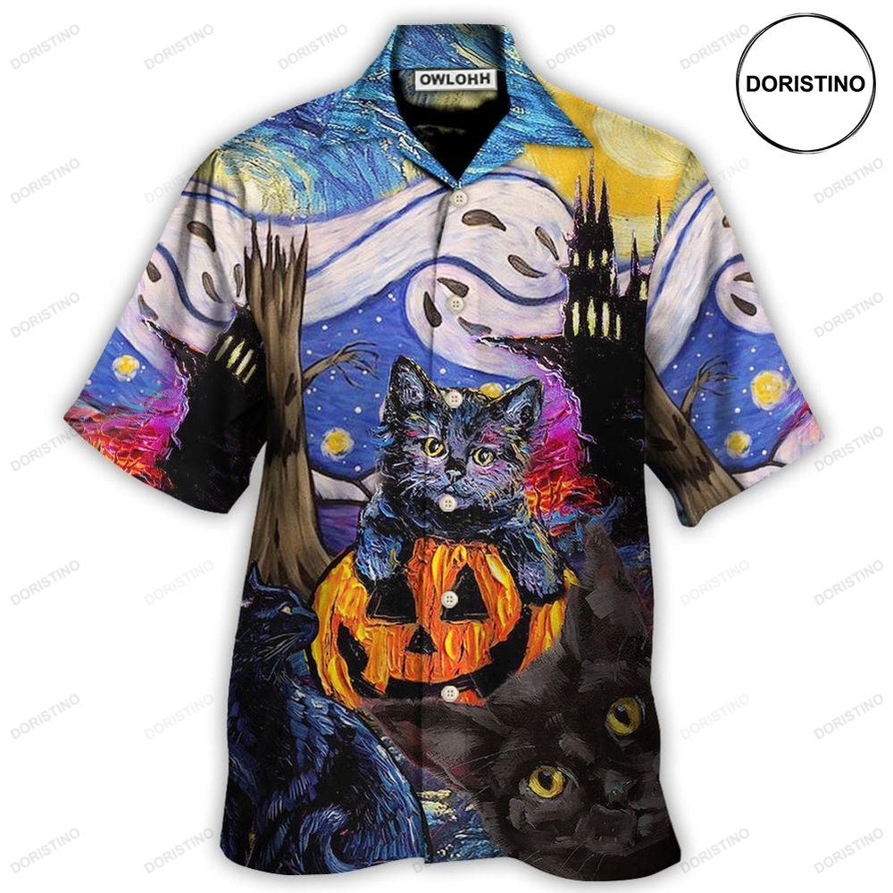 Halloween Black Cat Starry Night Funny Cat Painting Art Awesome Hawaiian Shirt