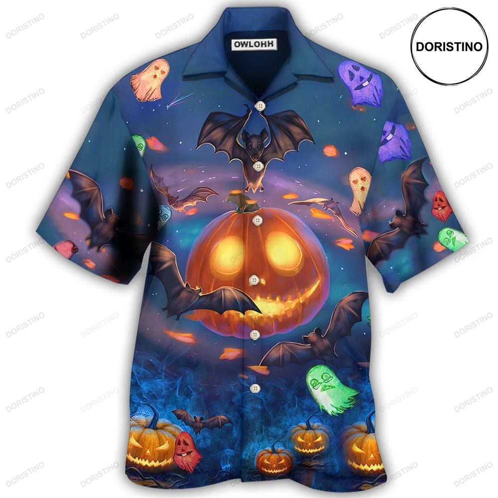 Halloween Glowing Pumpkins By Night With Bat Hawaiian Shirt