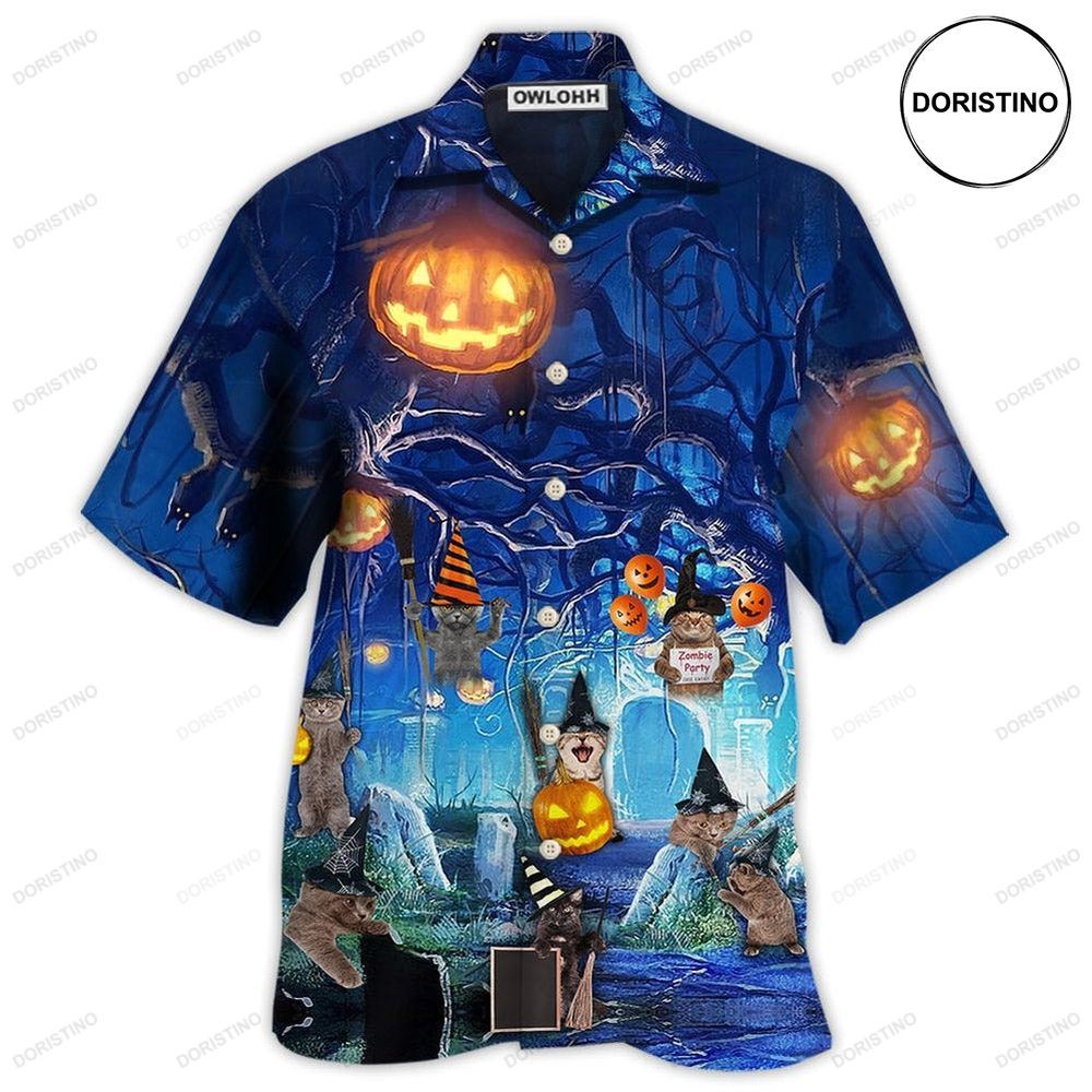 Halloween Night Cat Blue Awesome Hawaiian Shirt