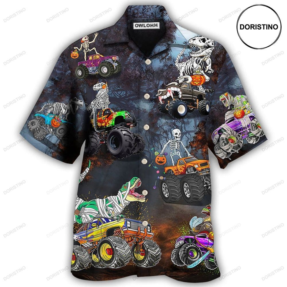 Halloween Skeleton Dinosaur Driving Monster Truck Awesome Hawaiian Shirt