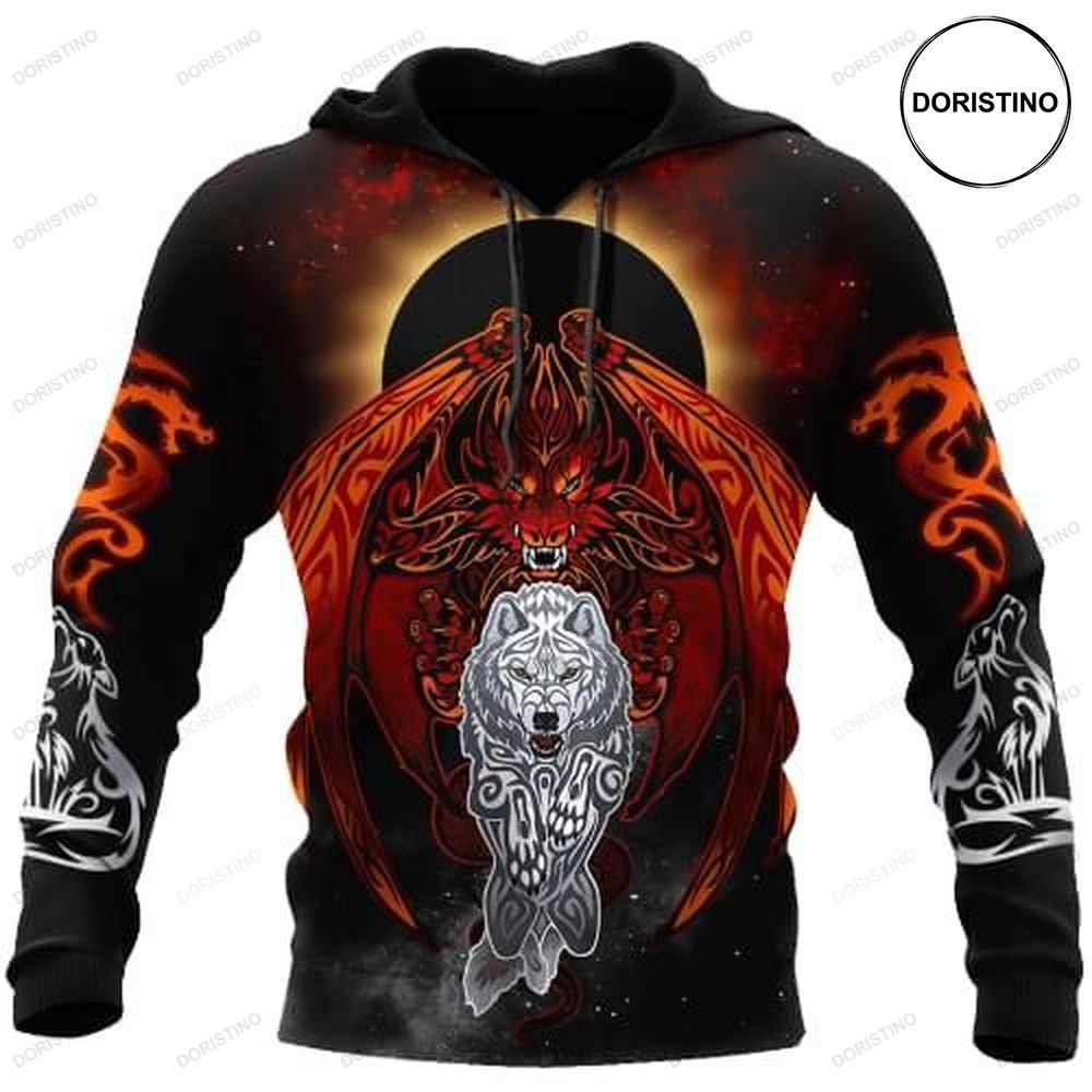 Viking Dragon And Wolf Awesome 3D Hoodie