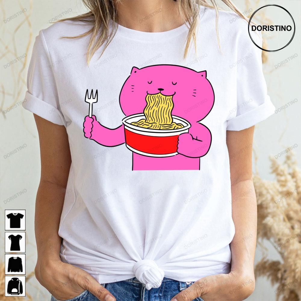 Retro Pink Cat Cat Eating Spaghetti Limited Edition T-shirts