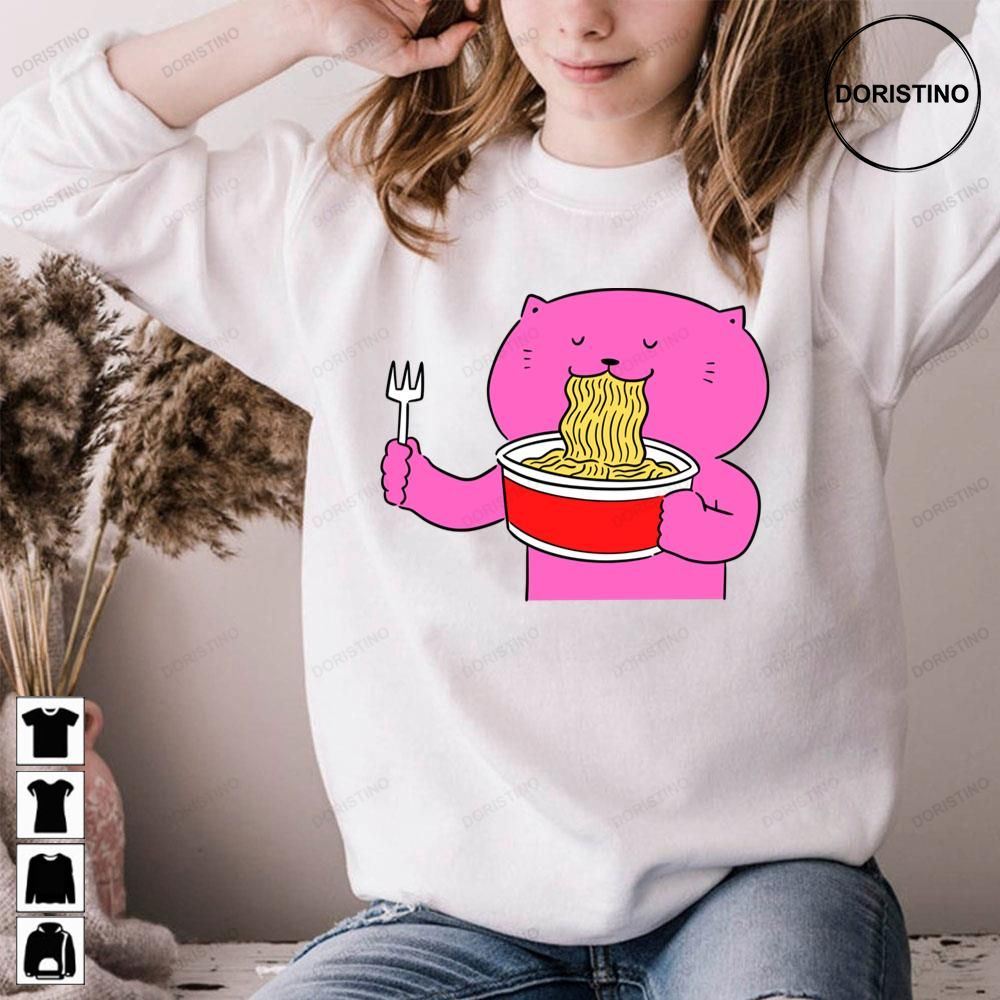 Retro Pink Cat Cat Eating Spaghetti Limited Edition T-shirts