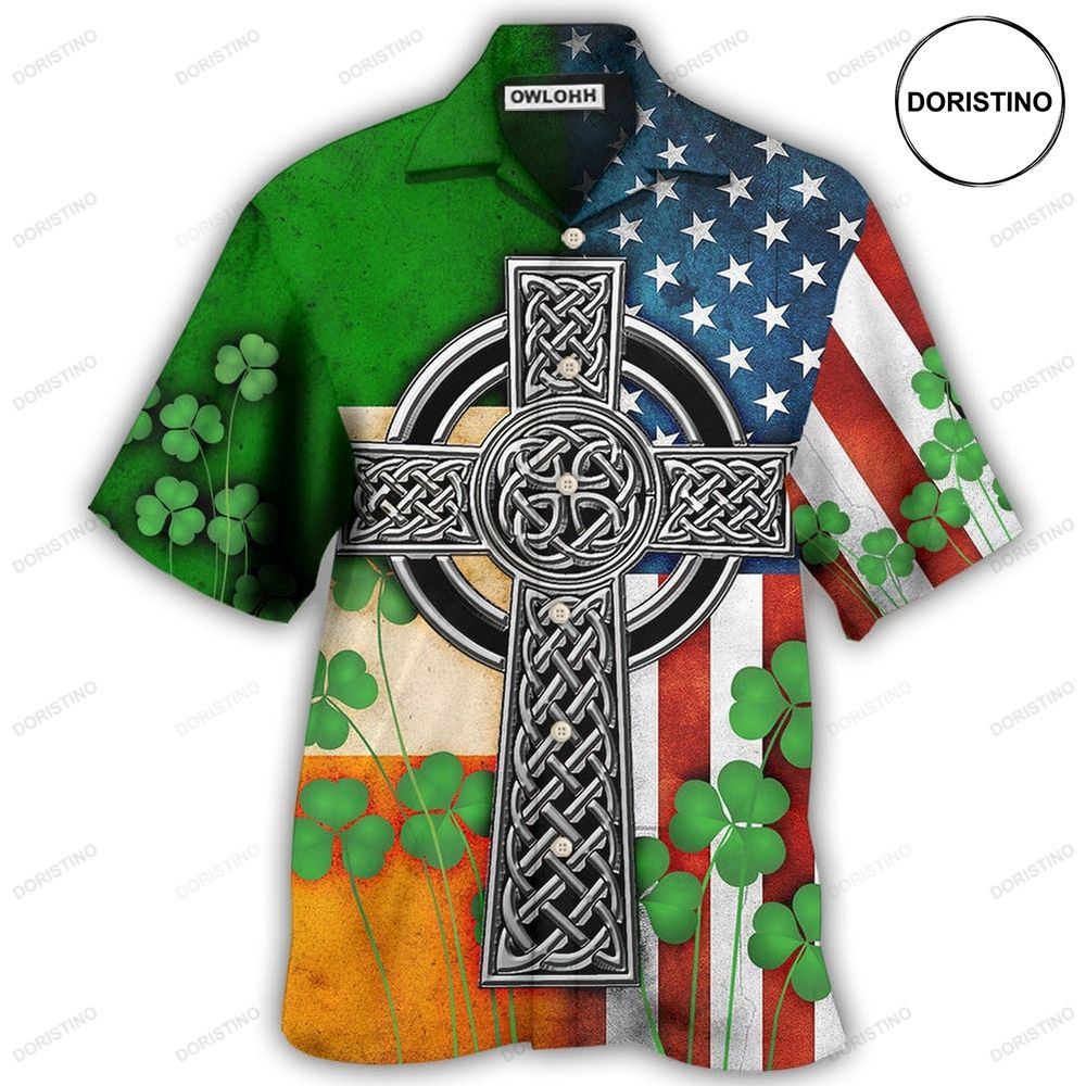 Irish American Flag Celtic Cross Irish Saint Patrick's Day All Over Awesome Hawaiian Shirt