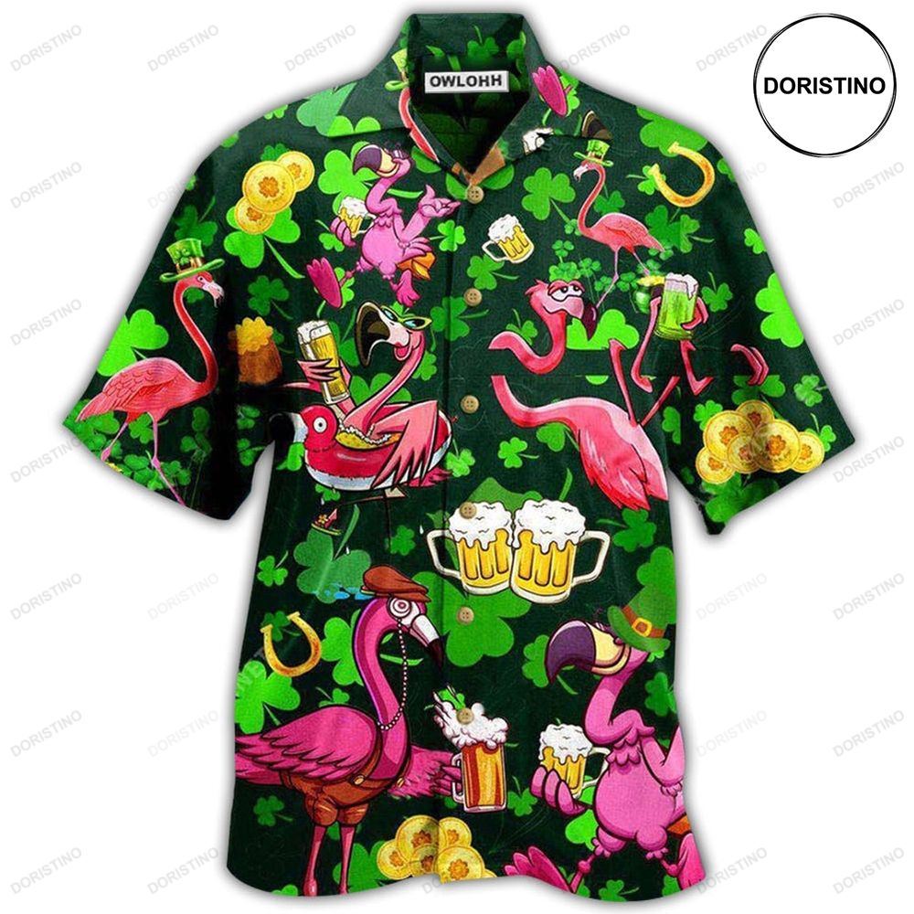 Irish Pink Flamingos Drink Beer Patricks Day Pattern Limited Edition Hawaiian Shirt