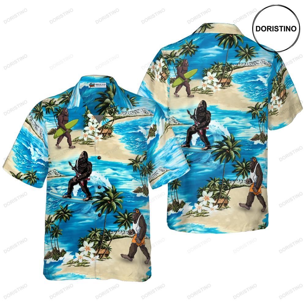 Bigfoot Aioha Beach Bigfoot Palm Tree And Flower Blue Ocean Bigfoot Surfing For Hawaiian Shirt