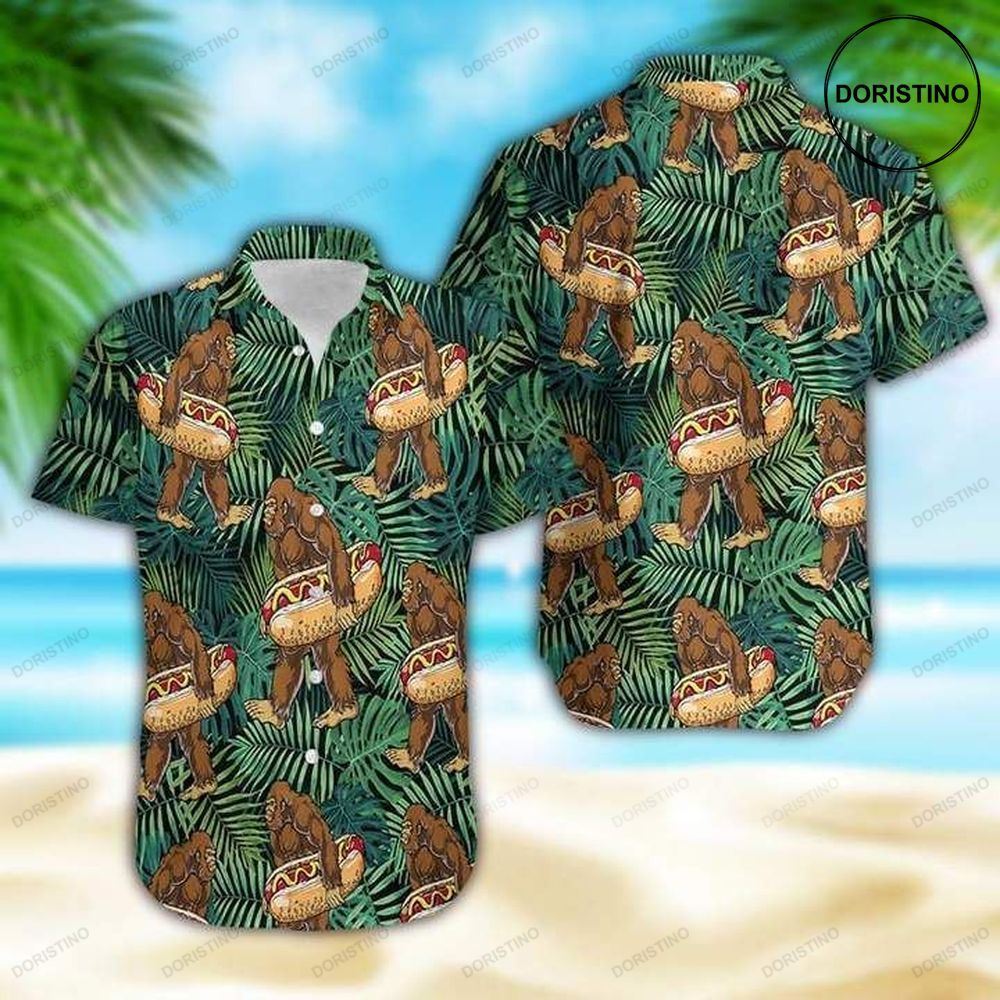 Bigfoot Carrying Hotdog Camping Tropical Hawaiian Shirt