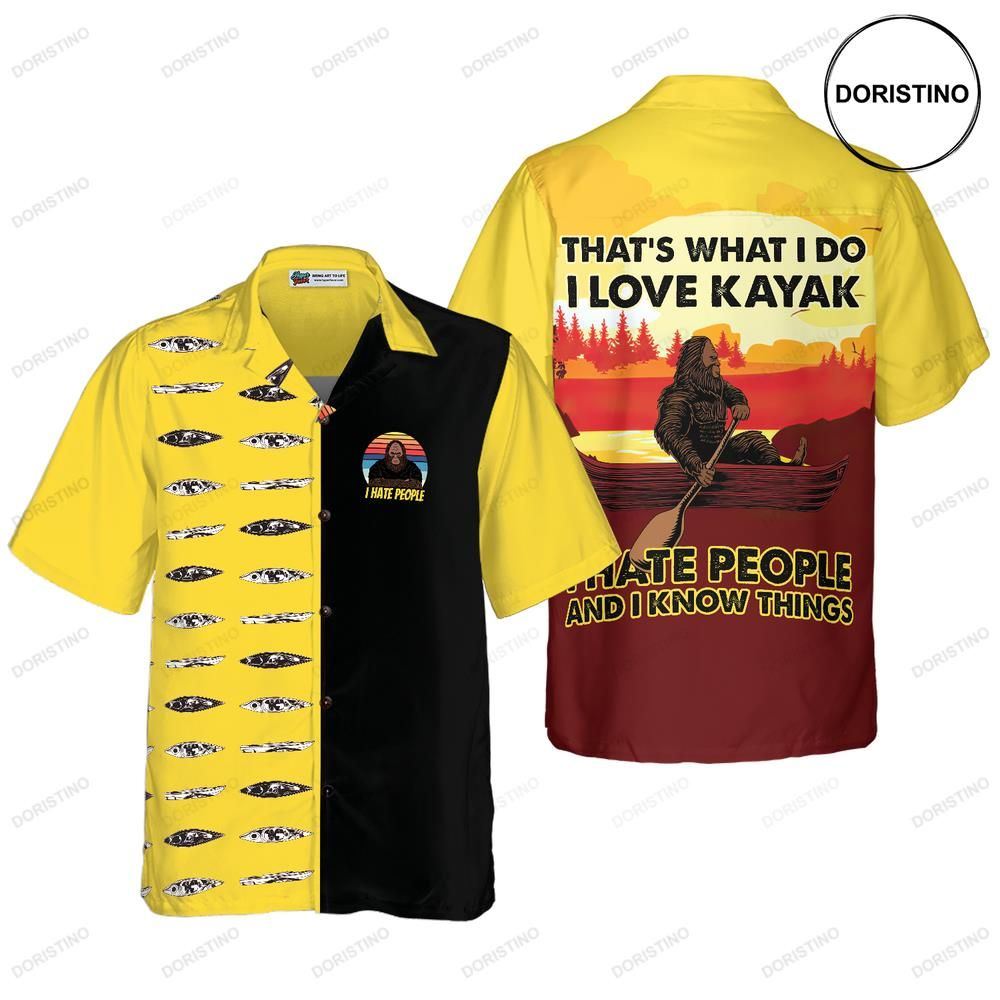 Bigfoot Darryl Love Kayak Hate People Bigfoot Dawn Palette Black And Yellow Kayaking Limited Edition Hawaiian Shirt