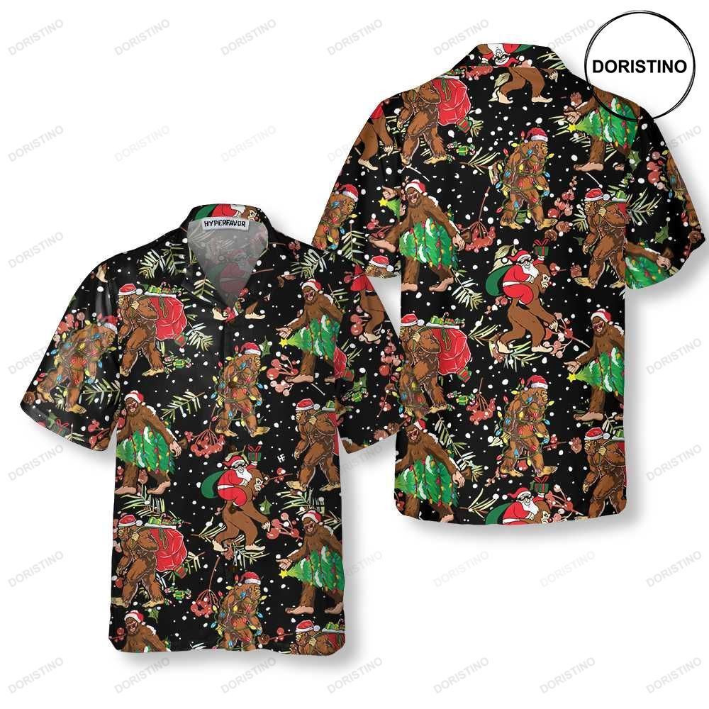 Bigfoot Santa Claus With Christmas Pattern Funny Christmas Bigfoo Gift For Chr Awesome Hawaiian Shirt