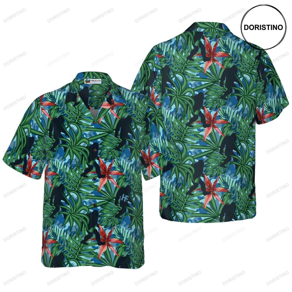 Bigfoot Silhouette Walking Bigfoot Tropical Forest Floral Bigfoo For Men Limited Edition Hawaiian Shirt