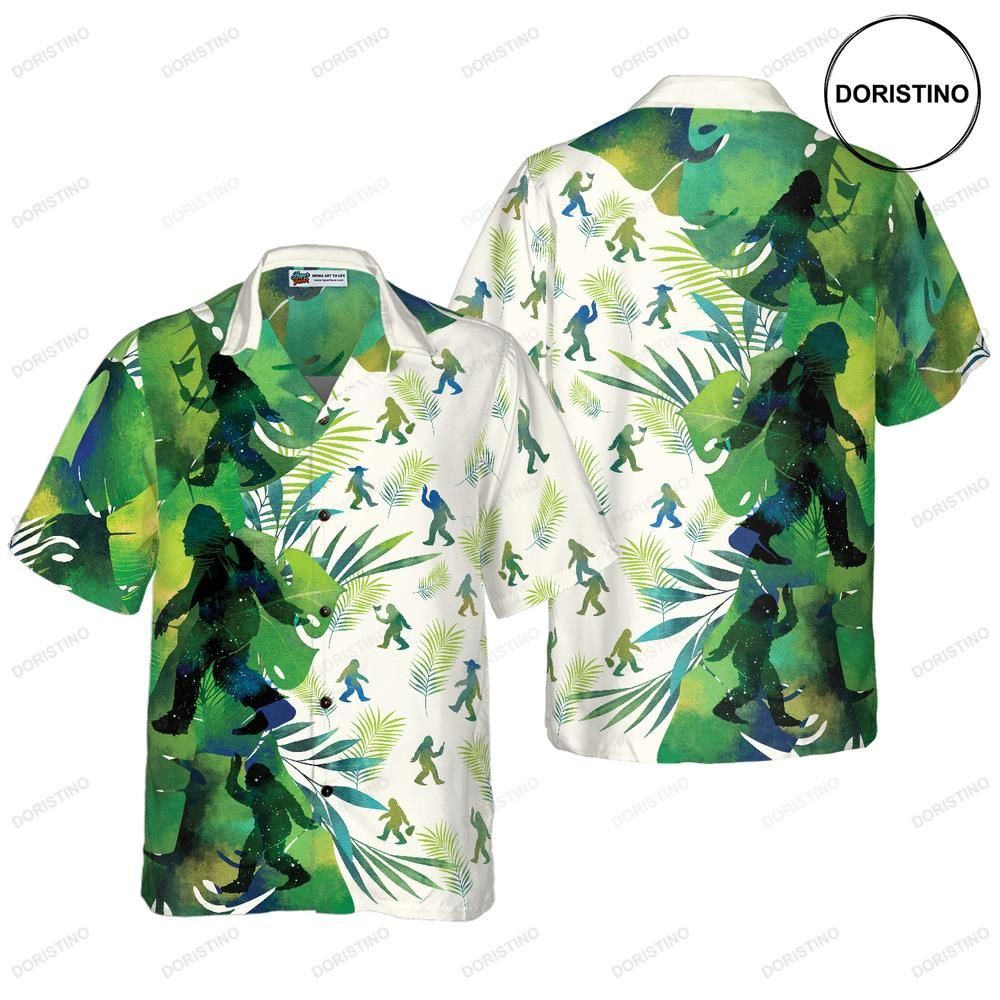 Bigfoot Silhouettes In Tropical For Men Green Sasquatch Hawaiian Shirt