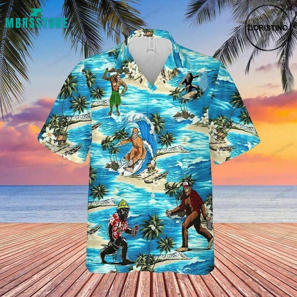 Bigfoot Surfing Summer Vintage Beach Carrying Hotdog Button Down Limited Edition Hawaiian Shirt