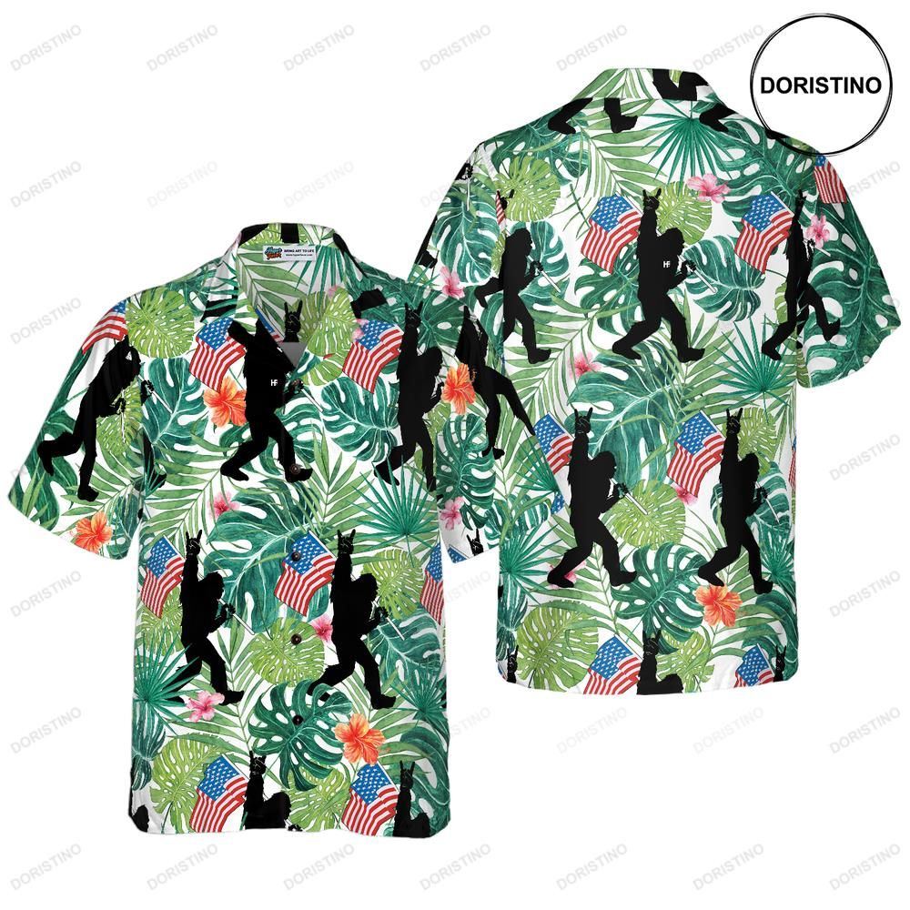 Bigfoot Tropical Hold Usa Flag Bigfoot Floral American Flag Bigfoo For Men Awesome Hawaiian Shirt